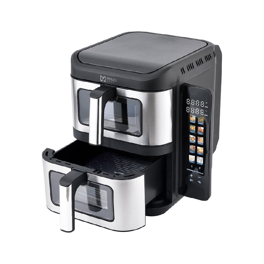 FREIDORA DE AIRE DOBLE MIRATI DE 11 LITROS TOTALES CUENTA CON 2 CANASTAS DE 5.5L CADA UNA CON VENTANA, PANEL A COLOR Y RETRACTIL REGULACION DE TEMPERATURA INDIVIDUAL, 1800W, TEMPERATURA DE 60C-200C