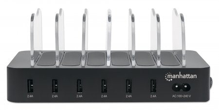 Estación de carga USB Manhattan 102254 con 6 puertos USB-A, 50 W, entrada de 100 a 240 V, negro