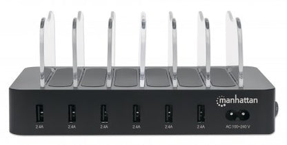 Estación de carga USB Manhattan 102254 con 6 puertos USB-A, 50 W, entrada de 100 a 240 V, negro