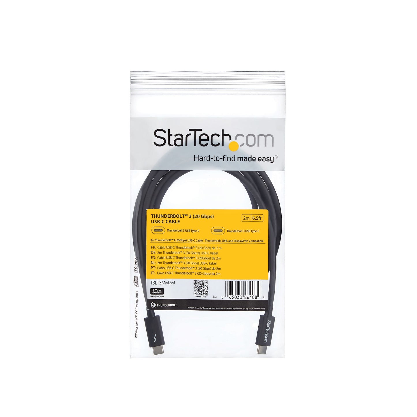 StarTech.com TBLT3MM2M cable Thunderbolt 20 Gbit/s Negro