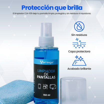 Limpiador de Pantallas Vorago CLN-109 Antiestático 150ml C/Franela Microfibra