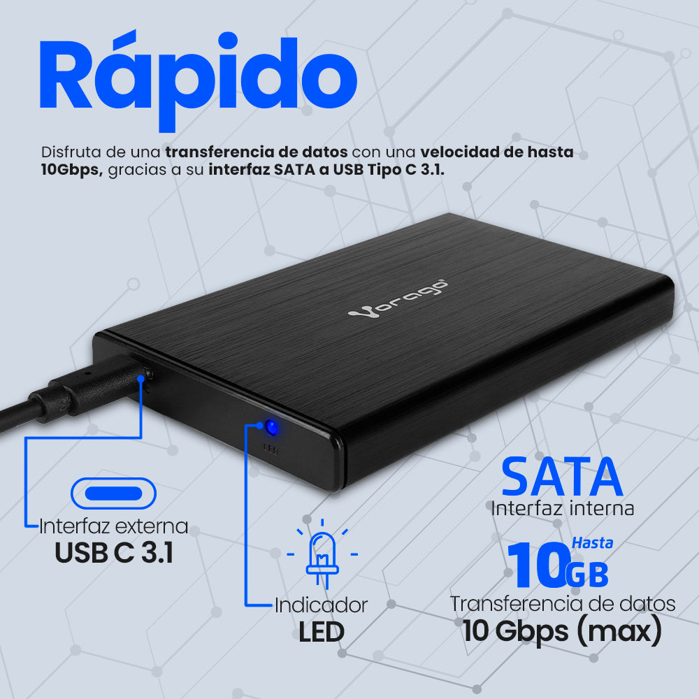 ENCLOSURE VORAGO HDD-202 DD 2.5 SATA USB TIPO C 3.1 NEGRO