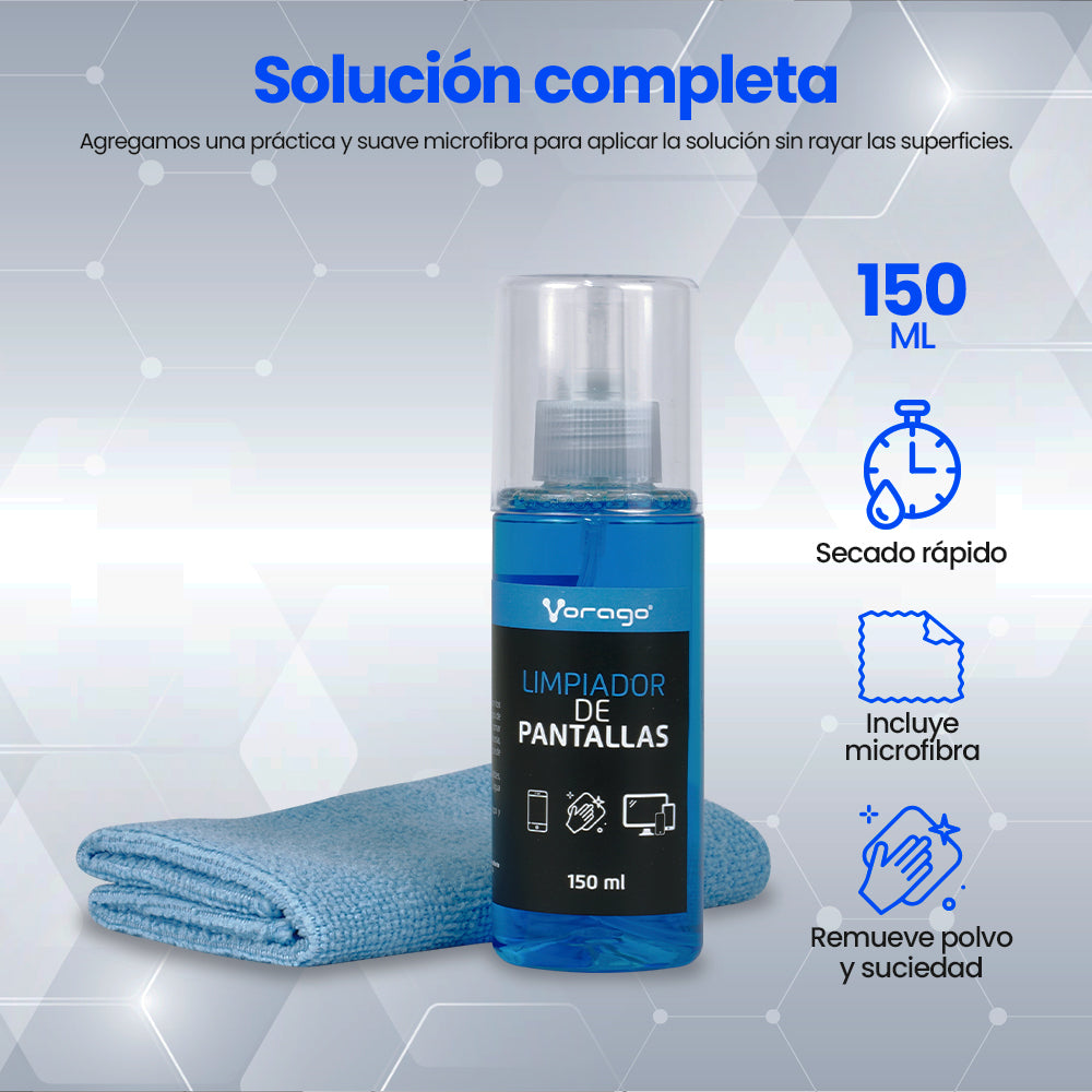 Limpiador de Pantallas Vorago CLN-109 Antiestático 150ml C/Franela Microfibra