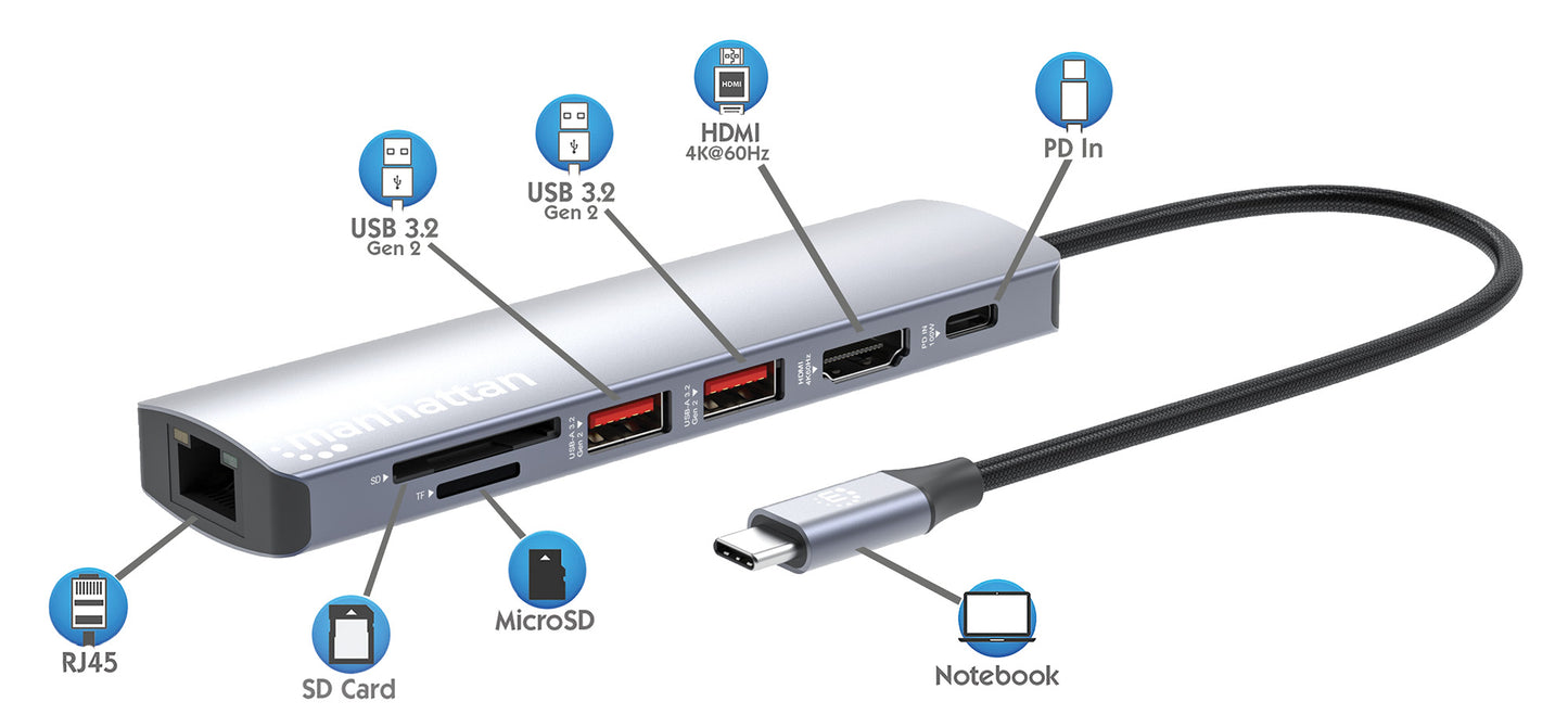 Manhattan 153966 base para laptop o replicador de puertos Alámbrico USB 3.2 Gen 2 (3.1 Gen 2) Type-C Plata