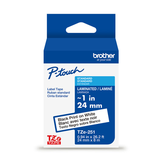 Cinta Laminada Brother Estandar Texto negro sobre cinta blanca de 24mm x 8m