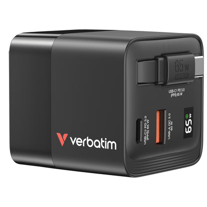 Cargador Verbatim GaN 65W de Cable retráctil