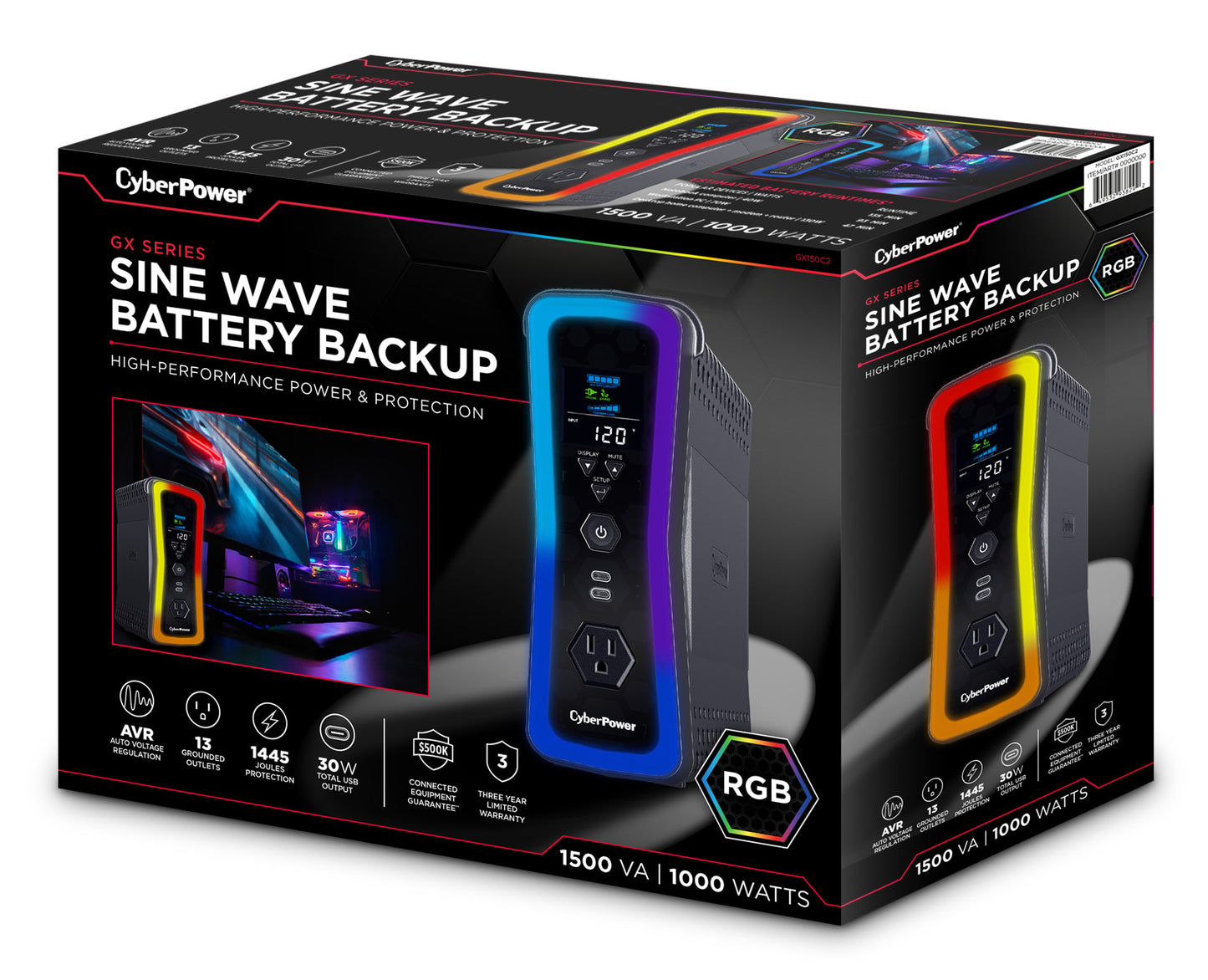 UPS CyberPower GX150C2 1500VA 1000W 120V PFC Activo RGB Panel LCD USB-Cx2