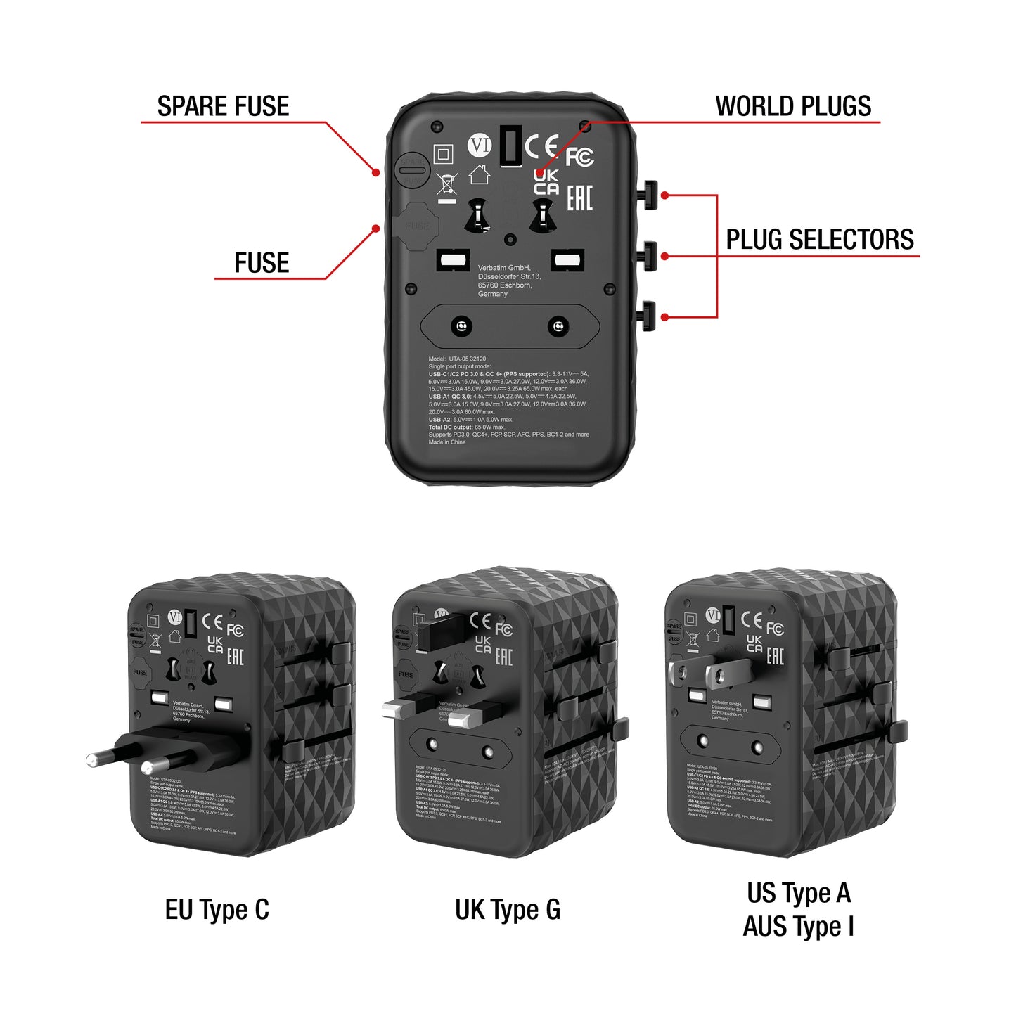 Adaptador Verbatim Universal de viaje UTA-05 GaN III 65 W