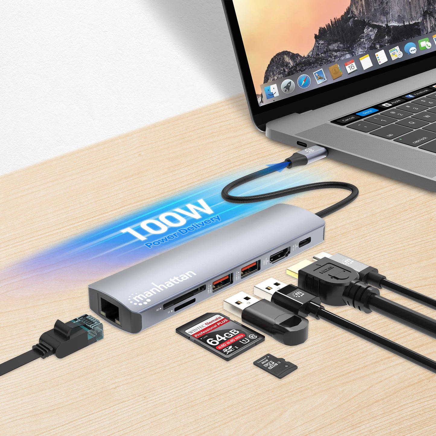Manhattan 153966 base para laptop o replicador de puertos Alámbrico USB 3.2 Gen 2 (3.1 Gen 2) Type-C Plata