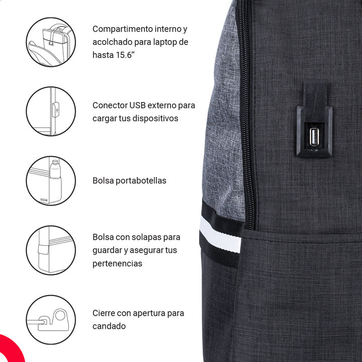 Mochila TechZone para Laptop 15.6" Múltiples Compartimientos Color Negro con Gris