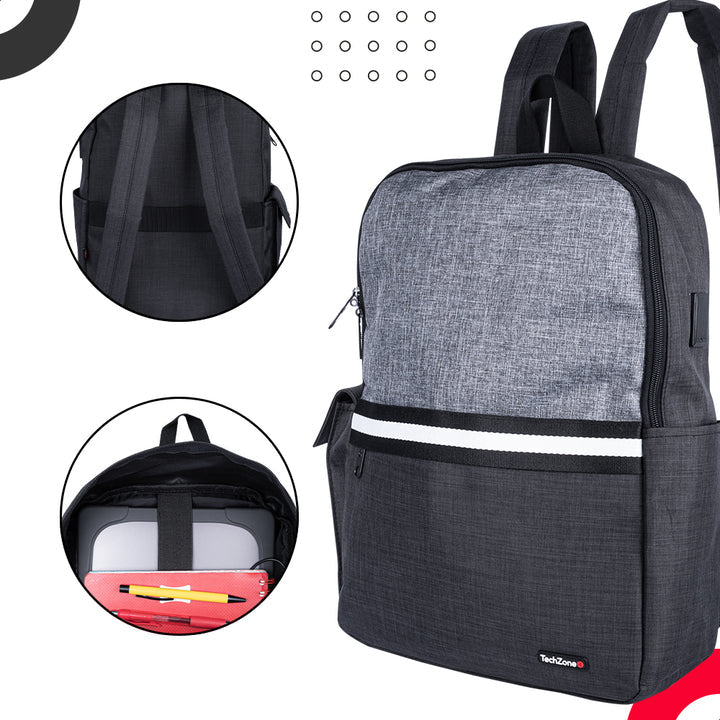 Mochila TechZone para Laptop 15.6" Múltiples Compartimientos Color Negro con Gris