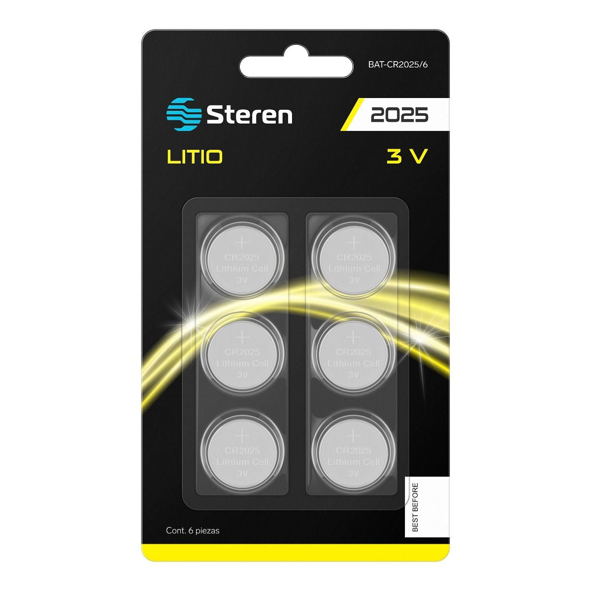 Pilas Steren de Litio Tipo Botón CR2025 3Vcc 150mAh Uso Múltiple C/6 Piezas