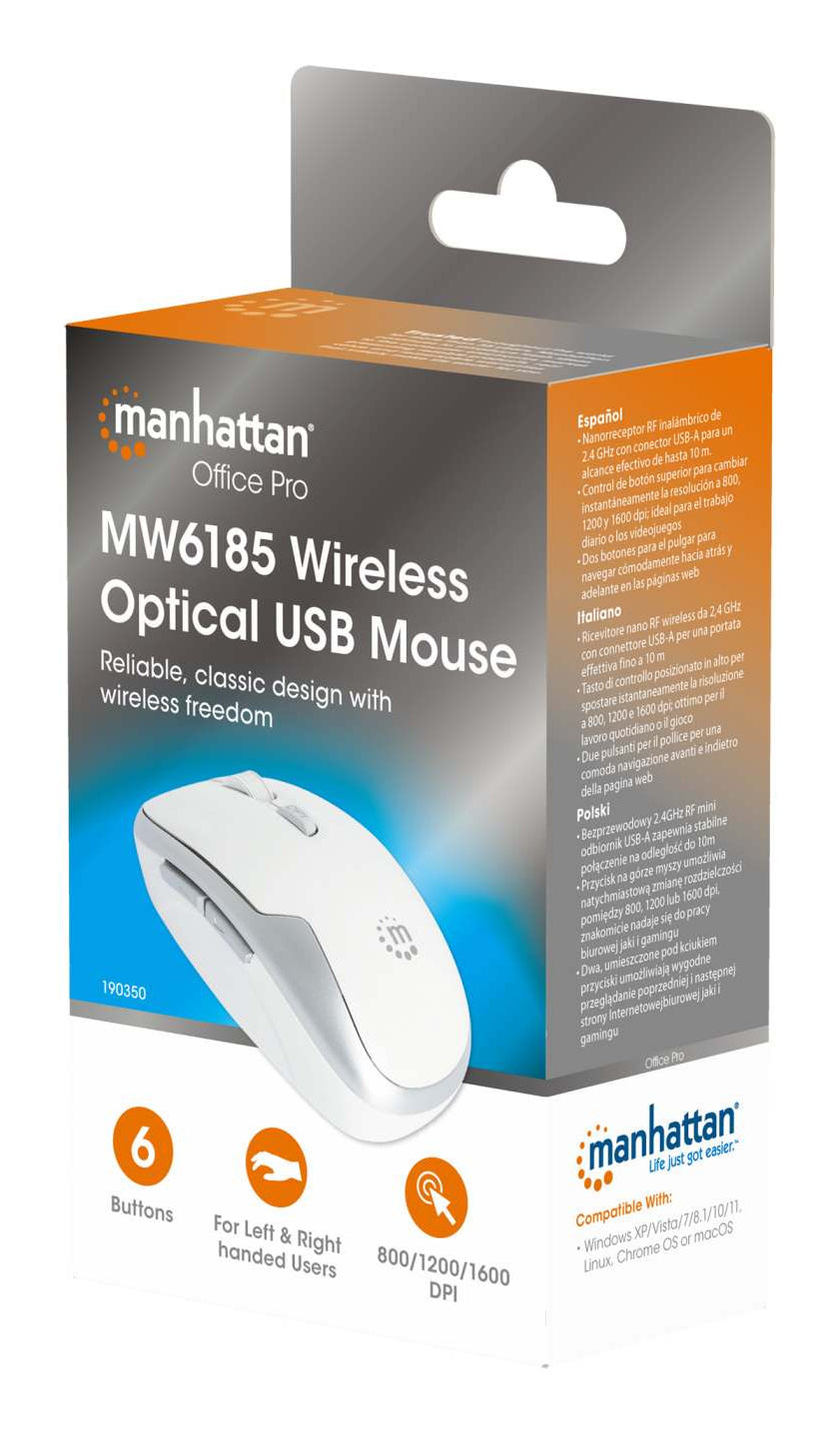 Manhattan 190350 ratón Universal Diestro RF inalámbrico Óptico 1600 DPI