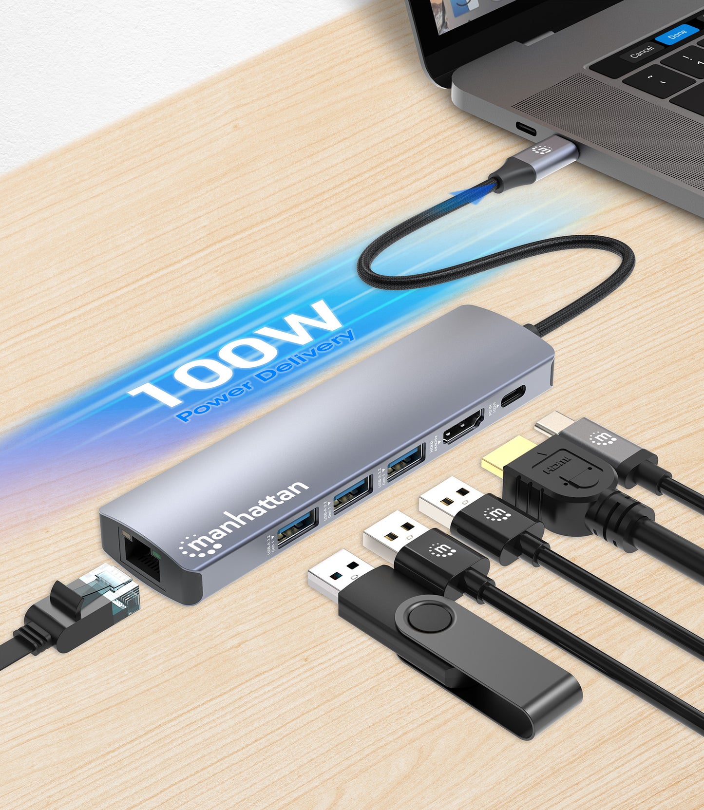 Manhattan 153959 base para laptop o replicador de puertos Alámbrico USB 3.2 Gen 1 (3.1 Gen 1) Type-C Plata