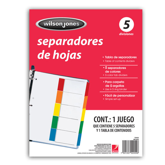 SEPARADOR ACCO TAB 5 DIV CEJA COLOR SIN NUMERACION