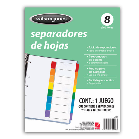 SEPARADOR ACCO TAB 8 DIV CEJA COLOR SIN NUMERACION