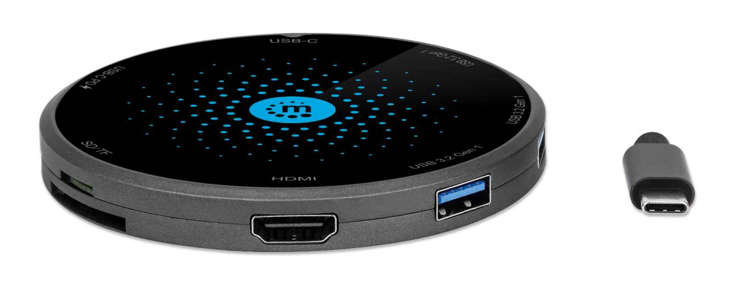 Docking Manhattan USB-C a HDMI USB-C PD 3xUSB-A Lector Tarjetas con Base Carga Inalámbrica