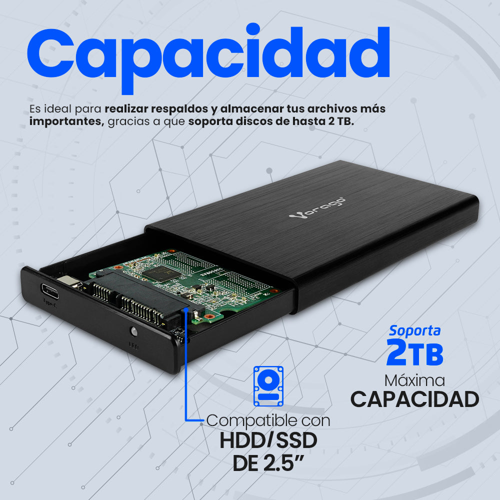 ENCLOSURE VORAGO HDD-202 DD 2.5 SATA USB TIPO C 3.1 NEGRO
