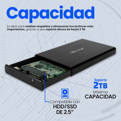 ENCLOSURE VORAGO HDD-202 DD 2.5 SATA USB TIPO C 3.1 NEGRO