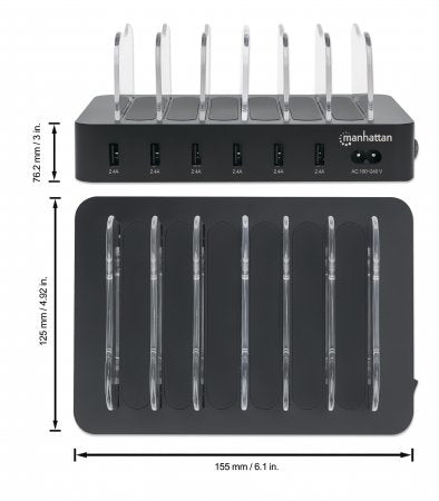 Estación de carga USB Manhattan 102254 con 6 puertos USB-A, 50 W, entrada de 100 a 240 V, negro