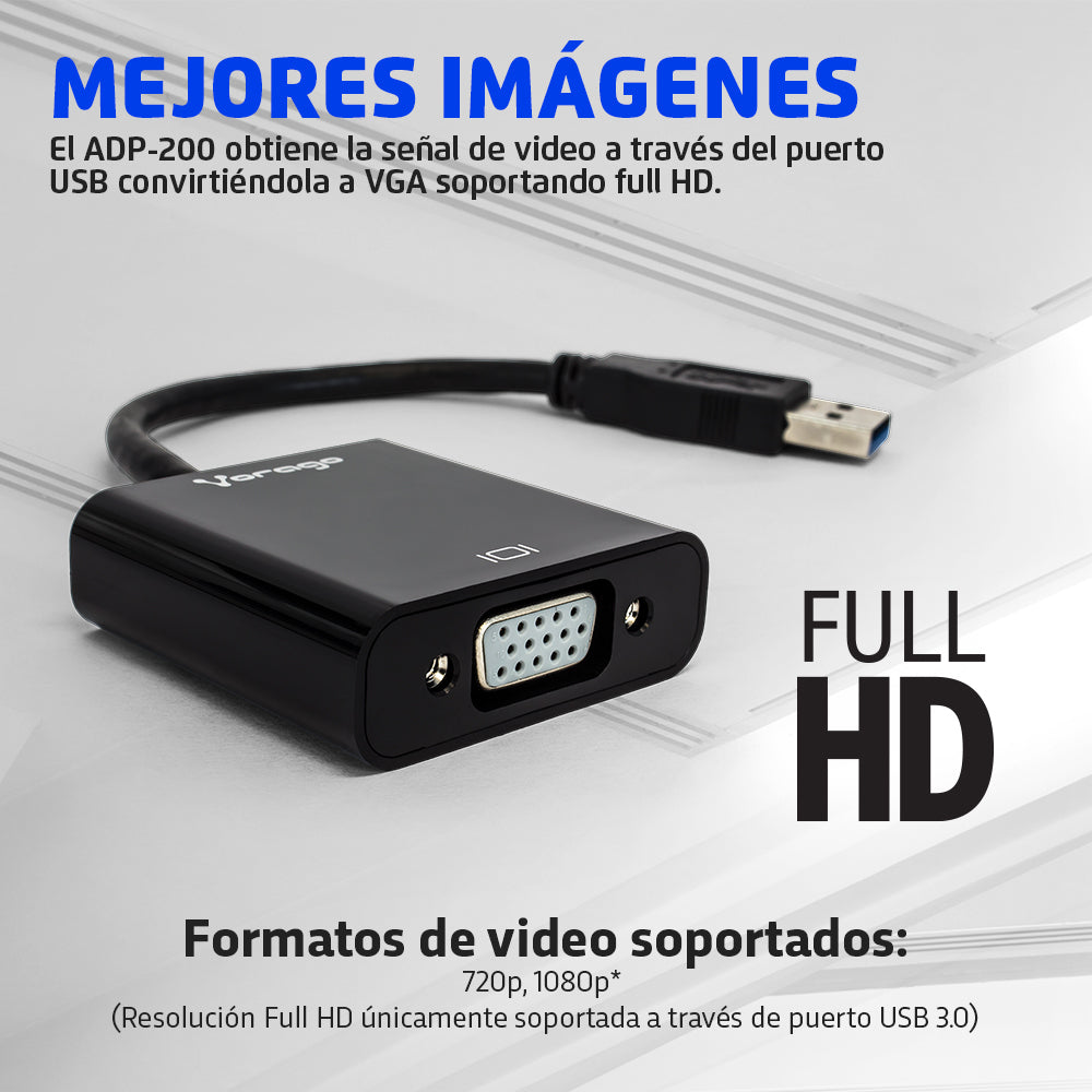 Convertidor Vorago ADP-200 USB 3.0 a VGA FHD Color Negro