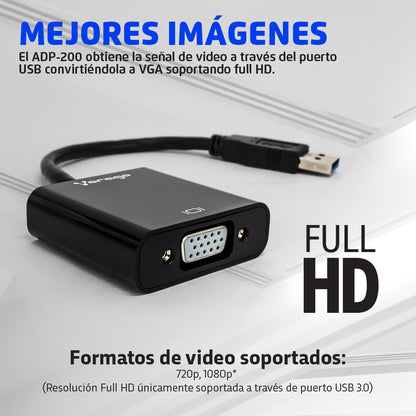 Convertidor Vorago ADP-200 USB 3.0 a VGA FHD Color Negro