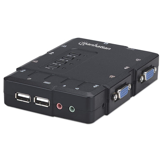 Switch KVM Manhattan Compacto 4 Puertos Desktop USB 4:1 Cables+Audio Color Negro