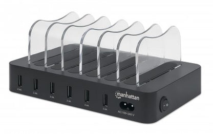 Estación de carga USB Manhattan 102254 con 6 puertos USB-A, 50 W, entrada de 100 a 240 V, negro