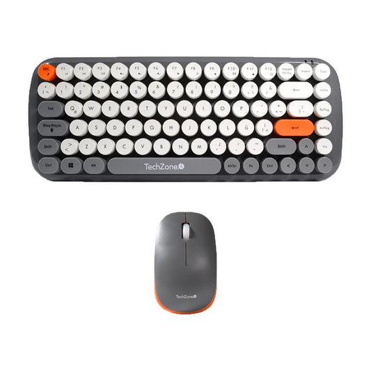 Kit Teclado y Mouse TechZone Inalámbrico Ergonómico Retro Plug-Play 85 Teclas Win/Mac Mouse Óptico USB 3 Botones 1200dpi