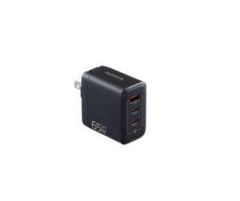 Cargador de USB Adata de Pared 65W con 2 Puertos Tipo C y 1 Puerto USB a Enchufe Plegable colo Negro