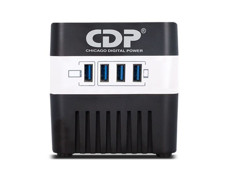 Regulador de voltaje CDP RU-AVR604 600VA/300W indicadores LED de funcionamiento 4 contactos NEMA 5-15R y 4 puertos USB