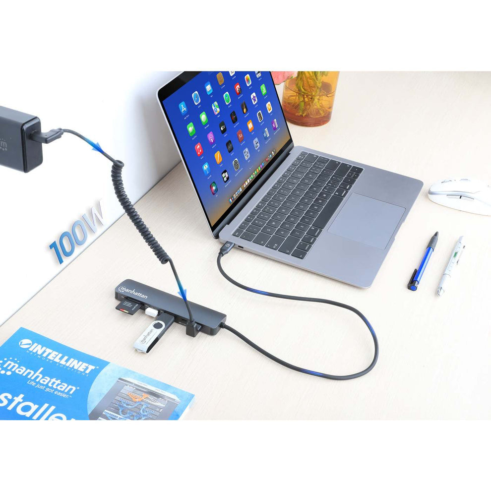 Docking USB-C Manhattan 7 puertos HDMI 2xUSB-A USB-C Datos PD Lector