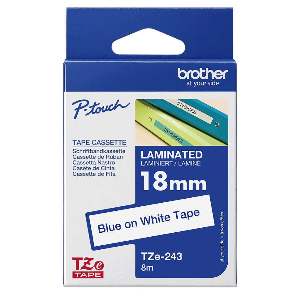 Cinta Brother TZ-243 Laminada Azul Sobre Blanco 18mmx8m PT300/310B/330/530
