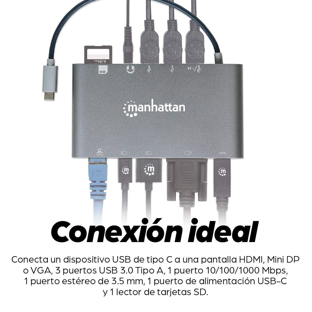 Estación Docking Manhattan USB-C a HDMI/DPmini/SVGA/RJ45/3.5mm Super Velocidad Color Gris