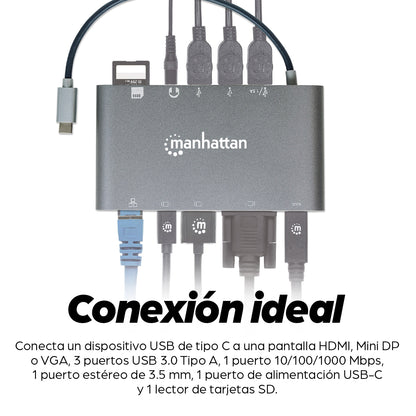 Estación Docking Manhattan USB-C a HDMI/DPmini/SVGA/RJ45/3.5mm Super Velocidad Color Gris