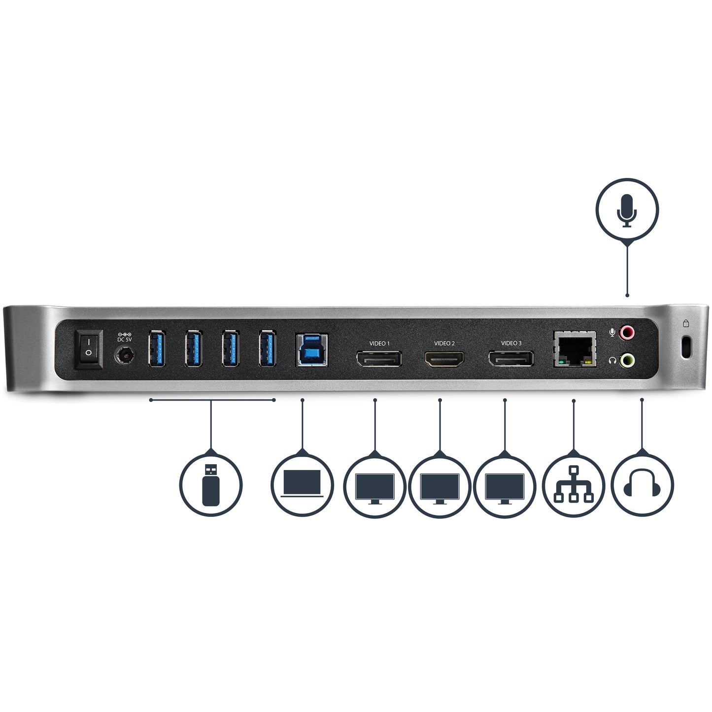 StarTech.com USB3DOCKH2DP base para laptop o replicador de puertos Alámbrico USB 3.2 Gen 1 (3.1 Gen 1) Type-A Negro, Plata