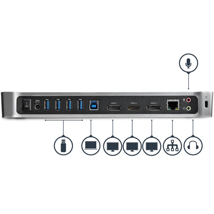StarTech.com USB3DOCKH2DP base para laptop o replicador de puertos Alámbrico USB 3.2 Gen 1 (3.1 Gen 1) Type-A Negro, Plata