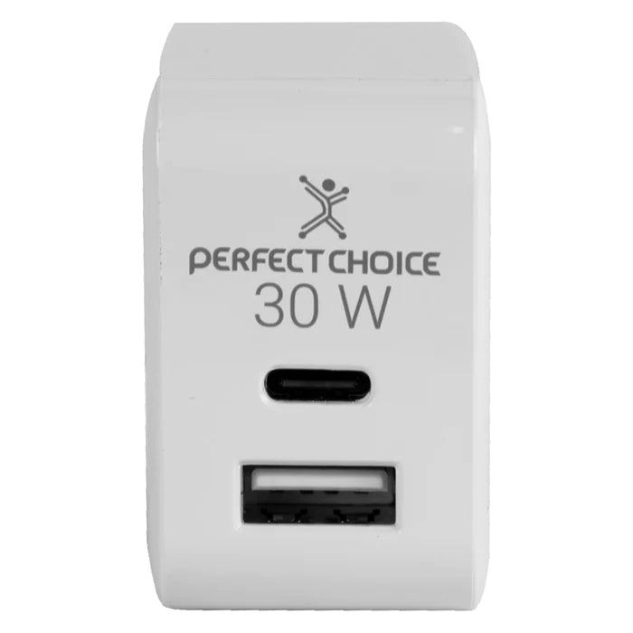 Adaptador de Corriente Perfect Choice 30W Carga Rápida Puertos USB C+A Blanco