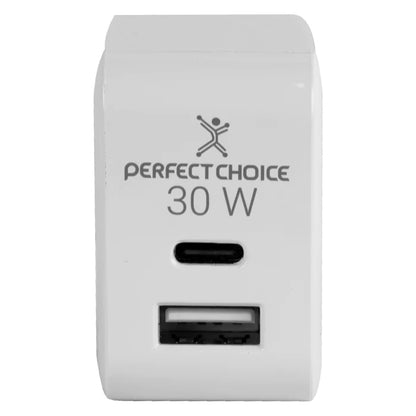 Adaptador de Corriente Perfect Choice 30W Carga Rápida Puertos USB C+A Blanco