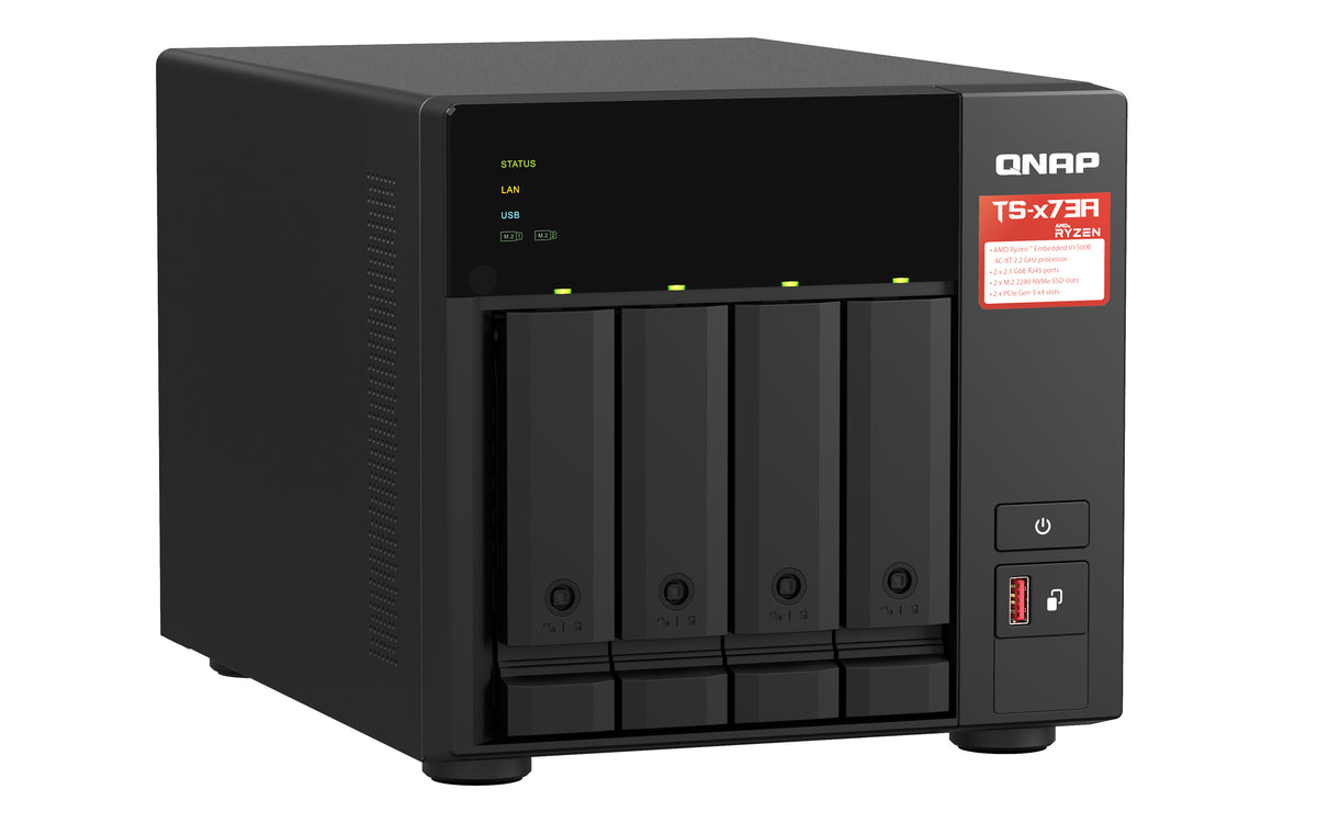 Unidad NAS QNAP CPU Ryzen V1500B Quad Core 2.2Ghz 8GB RAM RJ45 10GbE  4 Bahias 3.5 Hasta 24TB Linux Sin Discos