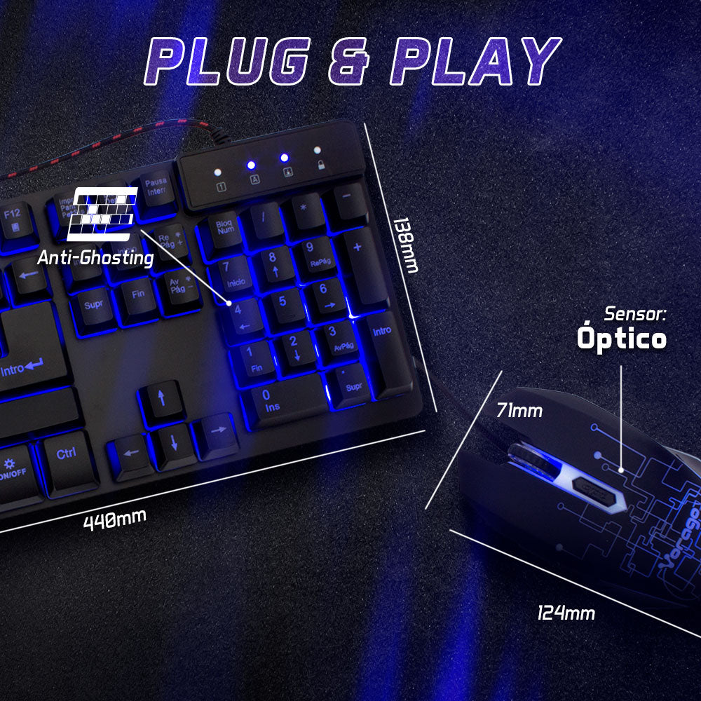 Kit Teclado y Mouse Vorago Start The Game Retroiluminado USB