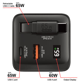 Cargador Verbatim GaN 65W de Cable retráctil