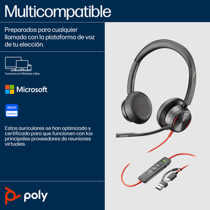 HP Poly Blackwire 8225 Stereo Microsoft Teams Certified USB-C Headset +USB-C/A Adapter Alámbrico Diadema Oficina/Centro de llamadas USB Tipo C Negro