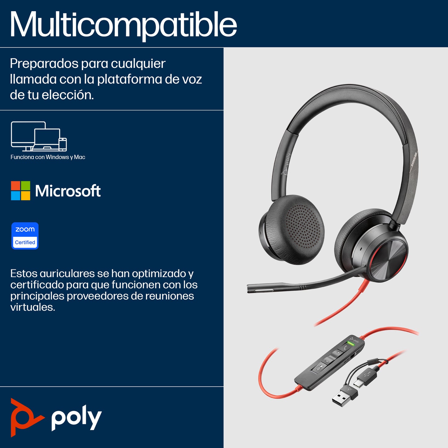 Poly Auriculares estéreo USB-C Blackwire 8225 + Adaptador USB-C/A