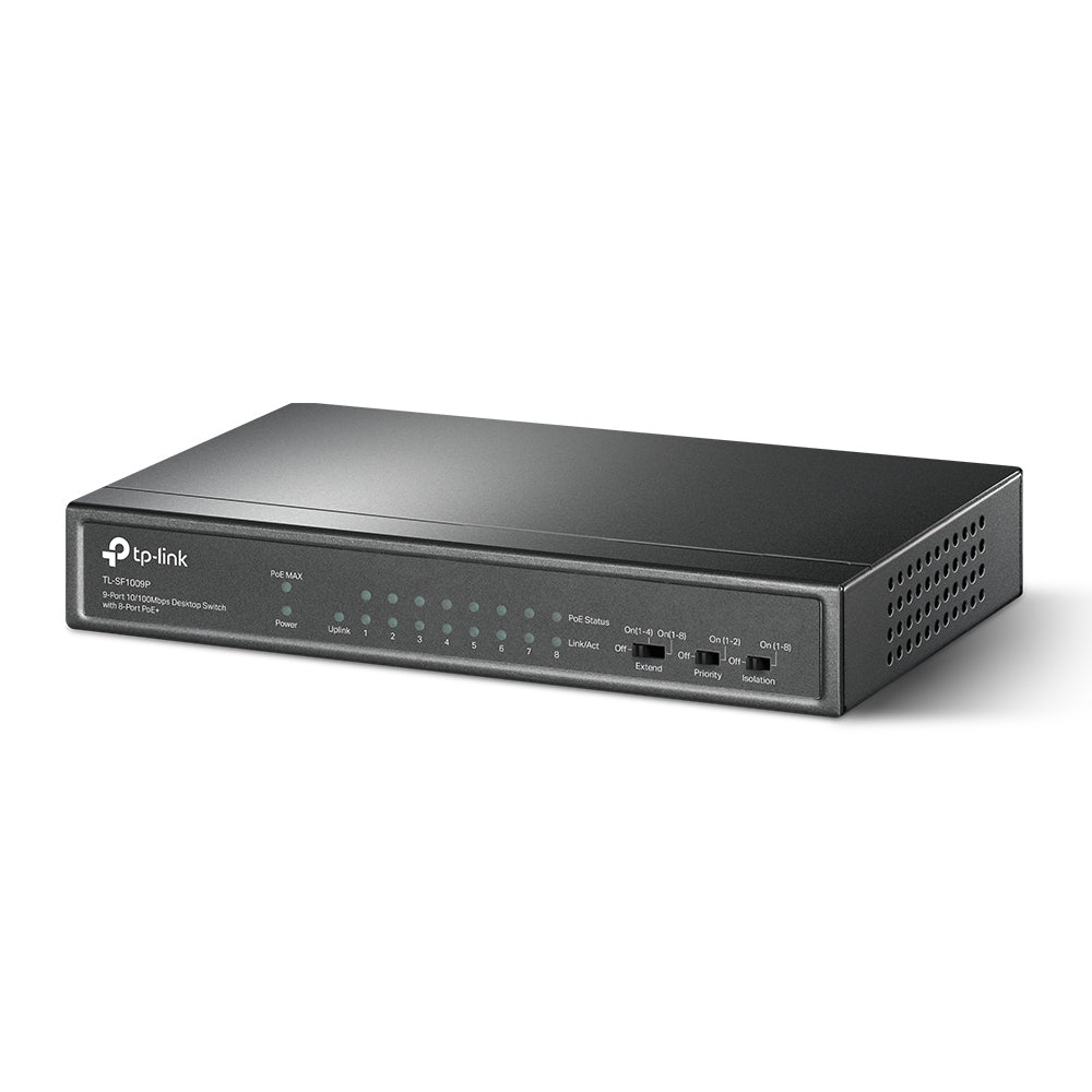 Switch TP-Link 9-Port 10/100 Mbps Desktop Switch with 8-Port PoE 8× 10/100 Mbps PoE Ports 1× 10/100 Mbps Non-PoE Ports