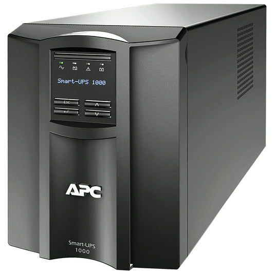 UPS APC 1000VA/700WA Pantalla LCD 120V Conexión Inteligente Torre de Onda Sinusoidal Pura 8 Contactos Color Negro