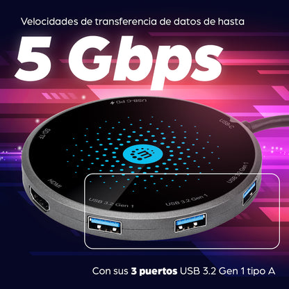 Docking Manhattan USB-C a HDMI USB-C PD 3xUSB-A Lector Tarjetas con Base Carga Inalámbrica