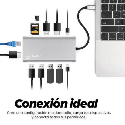 Docking Manhattan USB-C para Triple Monitor HDMI/USB-C/PD/SD/micro SD