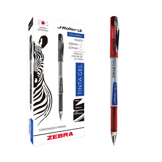 Bolígrafo Zebra J-Roller LE Punto Mediano 0.7mm Tinta Gel Color Rojo C/6 Pzas