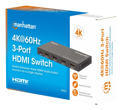 Switch HDMI Manhattan 4K@60Hz 3 entradas compacto negro